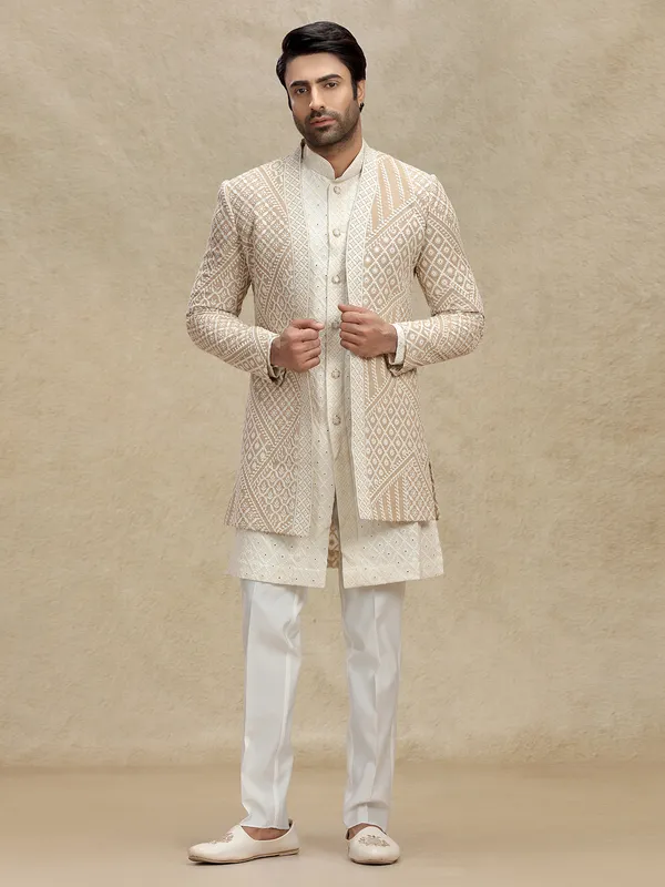 Beige silk indo western with embroidery jacket