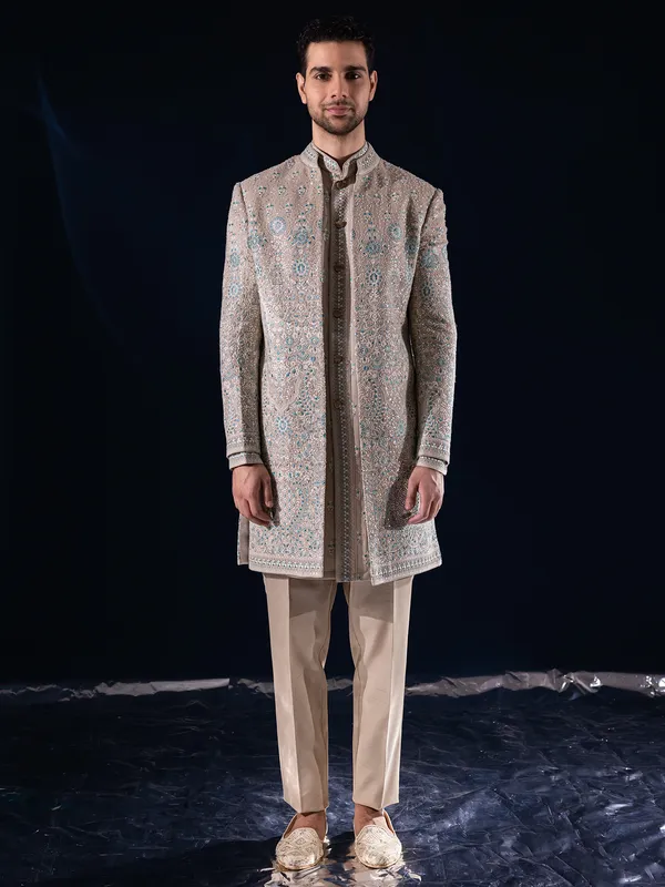 Beige silk indowestern for men