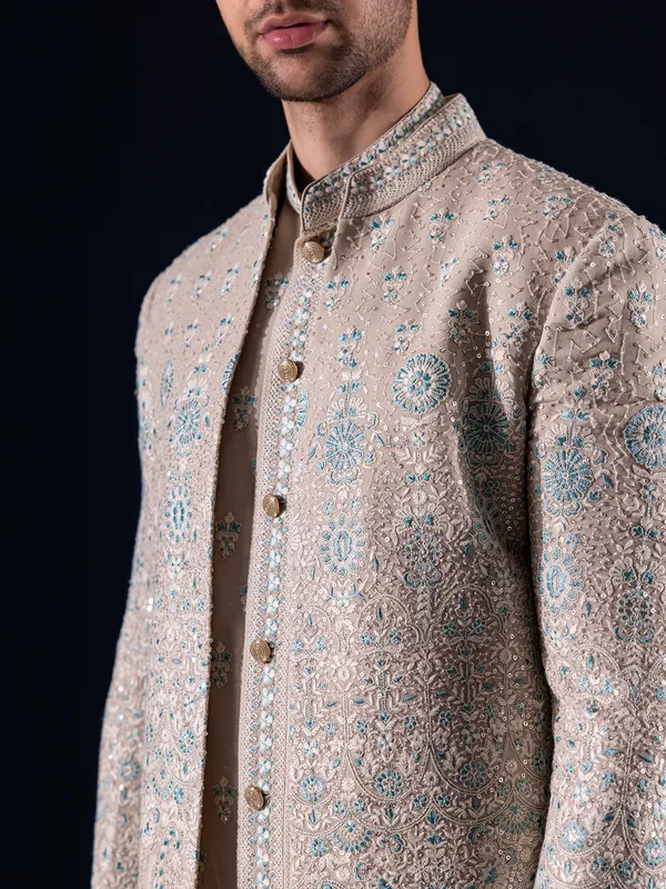 Beige silk indowestern for men