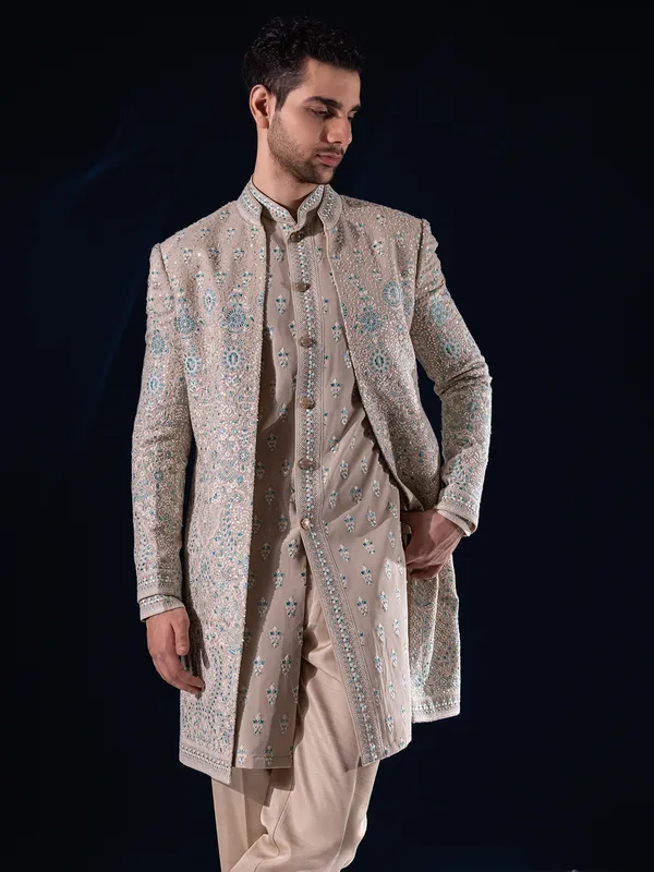 Beige silk indowestern for men