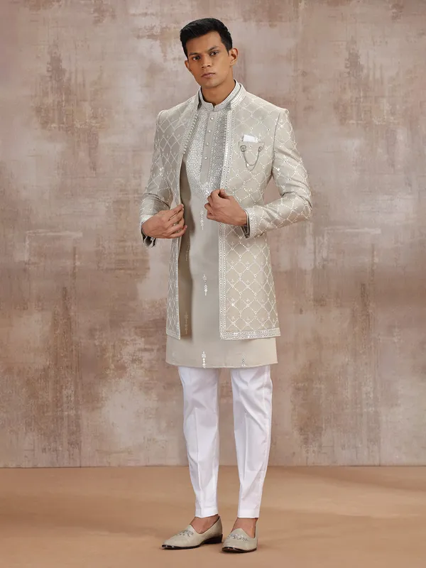 Beige silk jacket style indo western with embroidery weaving