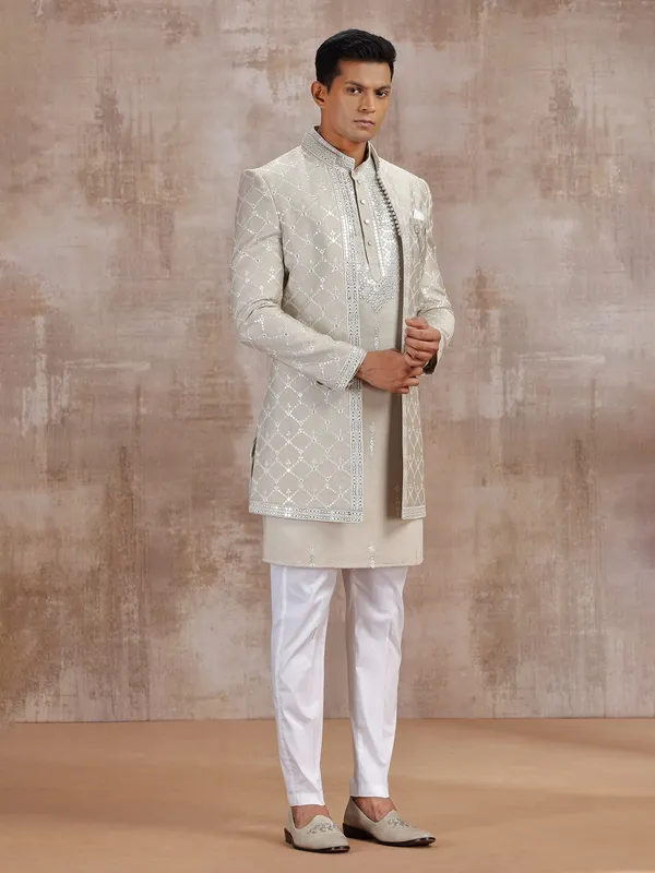 Beige silk jacket style indo western with embroidery weaving