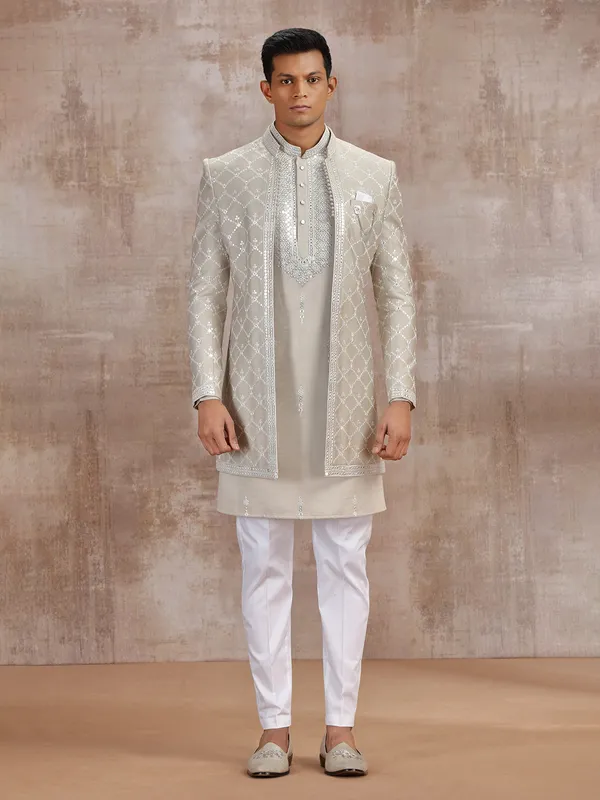 Beige silk jacket style indo western with embroidery weaving
