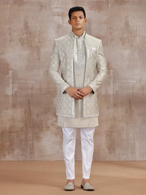 Beige silk jacket style indo western with embroidery weaving