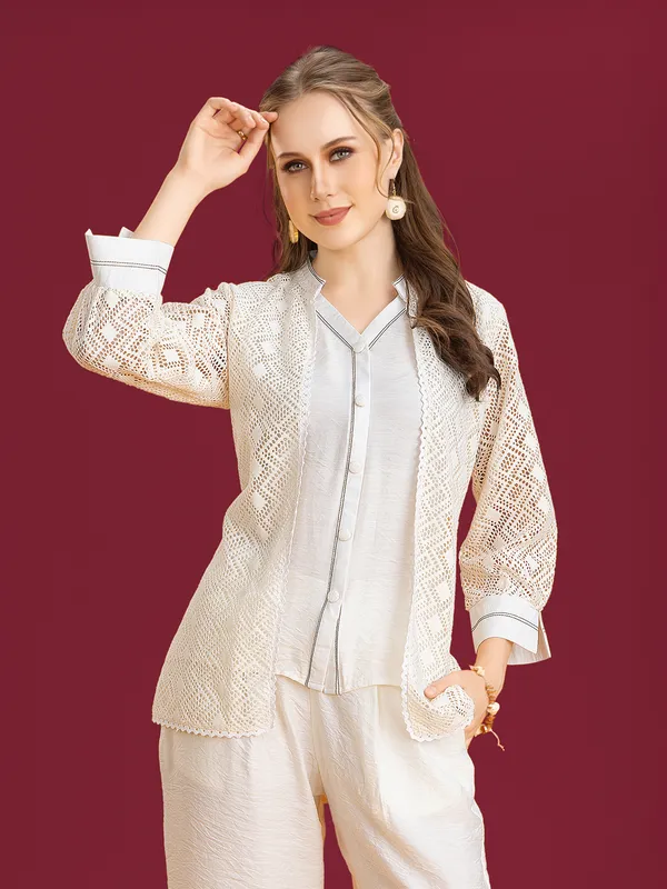Beige silk jacket style palazzo co-ord set