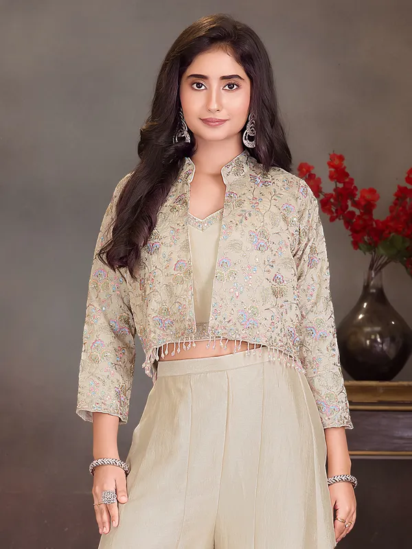 Beige silk jacket style palazzo ensemble