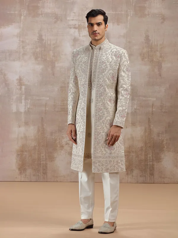 Beige silk jacket-style sherwani for men