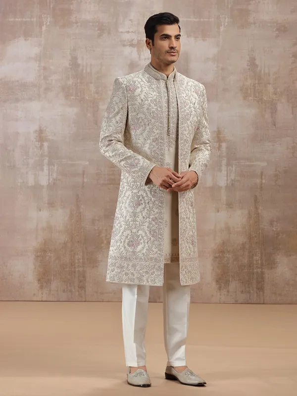 Beige silk jacket-style sherwani for men