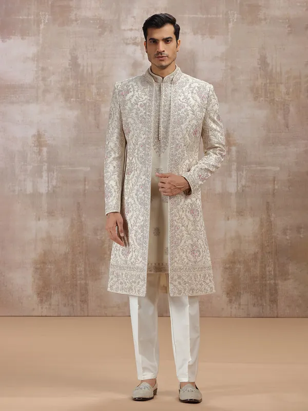 Beige silk jacket-style sherwani for men