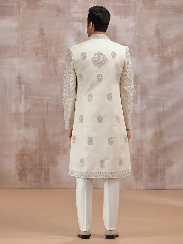 Beige silk jacket-style sherwani for men