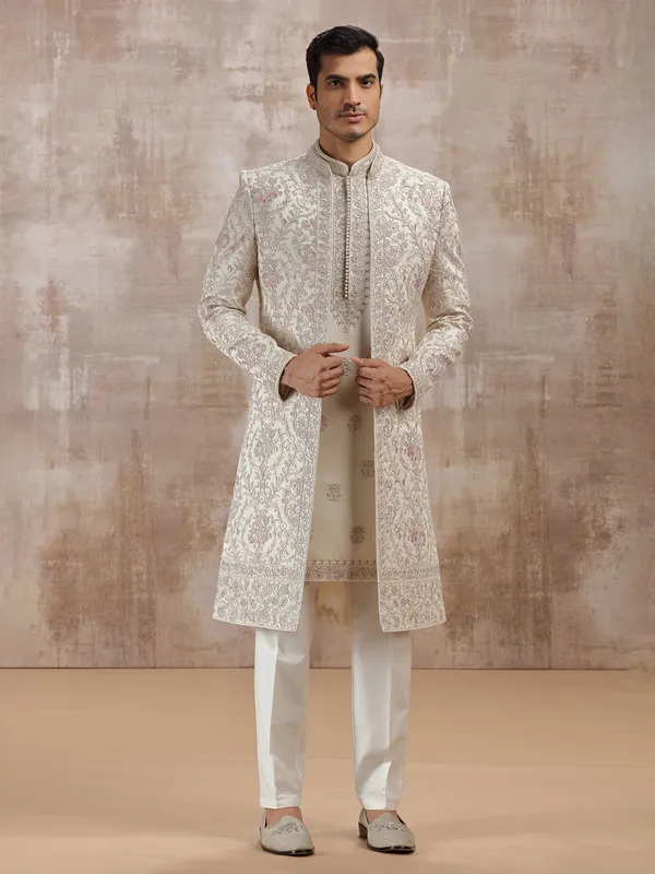 Beige silk jacket-style sherwani for men