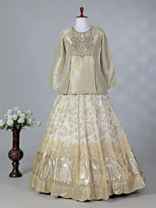 Beige silk keyhole neck lehenga choli with dupatta