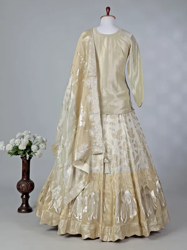 Beige silk keyhole neck lehenga choli with dupatta