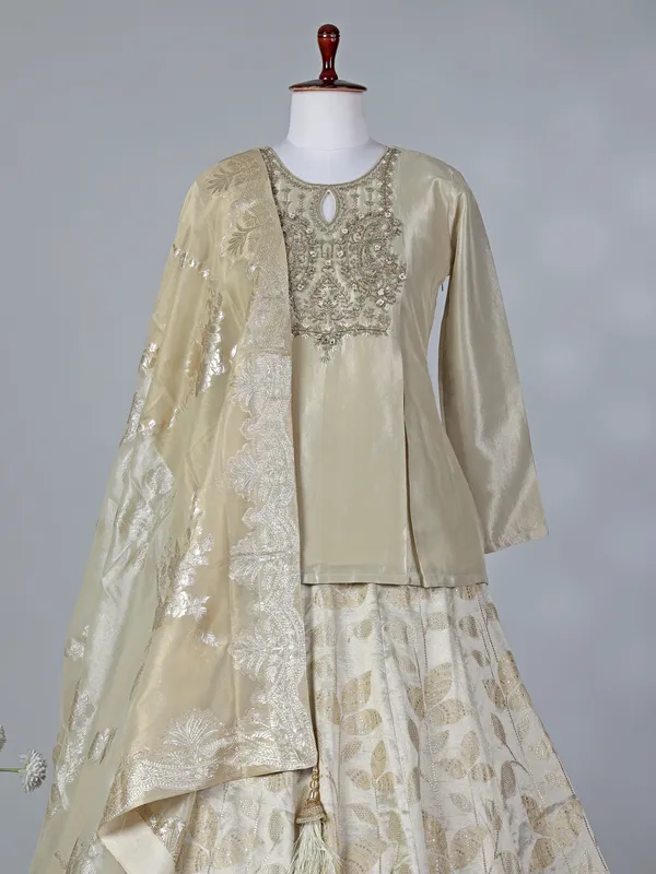 Beige silk keyhole neck lehenga choli with dupatta