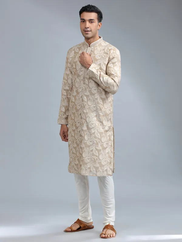 Beige silk kurta pajama for men