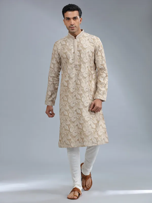 Beige silk kurta pajama for men