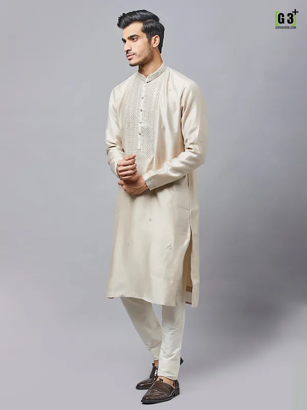 Beige silk kurta set for festive events