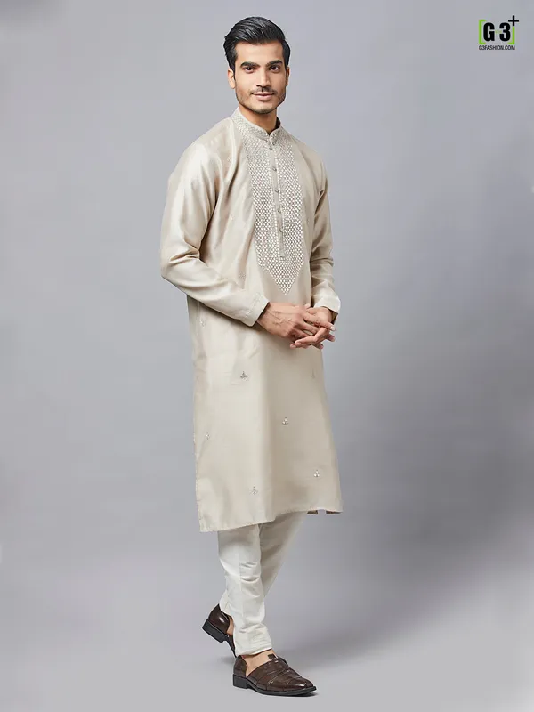 Beige silk kurta set for festive events