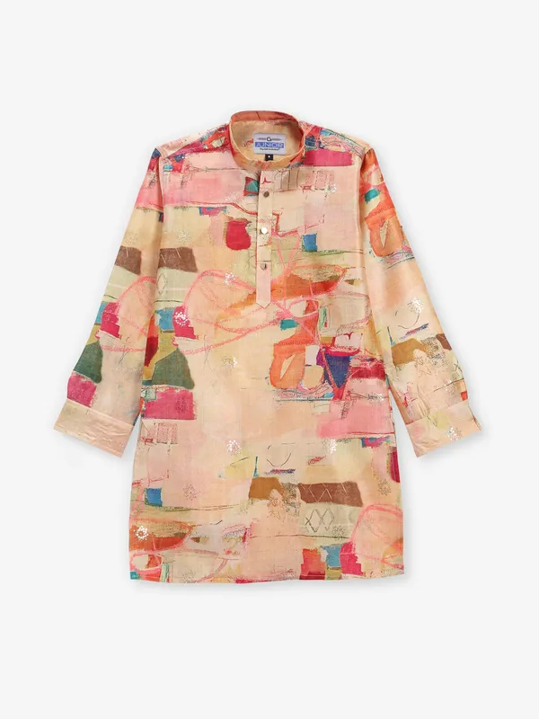 Beige silk kurta suir in sequins for boys