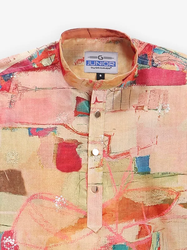 Beige silk kurta suir in sequins for boys