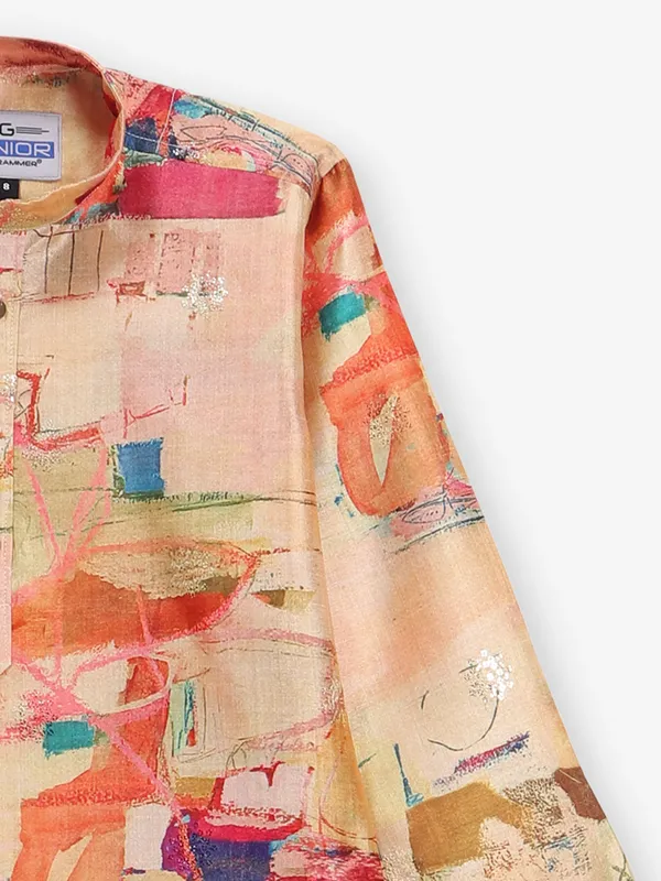 Beige silk kurta suir in sequins for boys