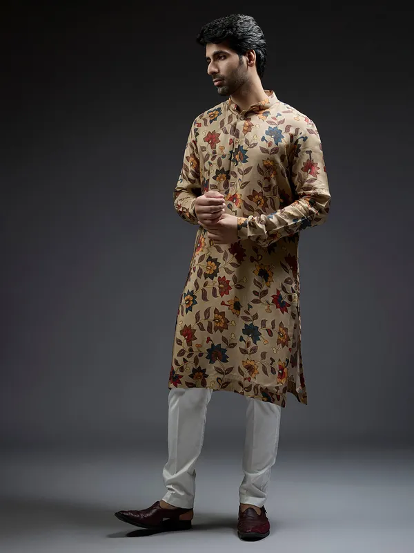Beige silk kurta suit in pataudi print for men