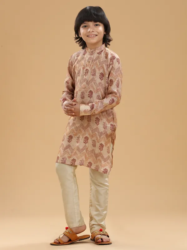 Peach boys silk kurta suit in printed