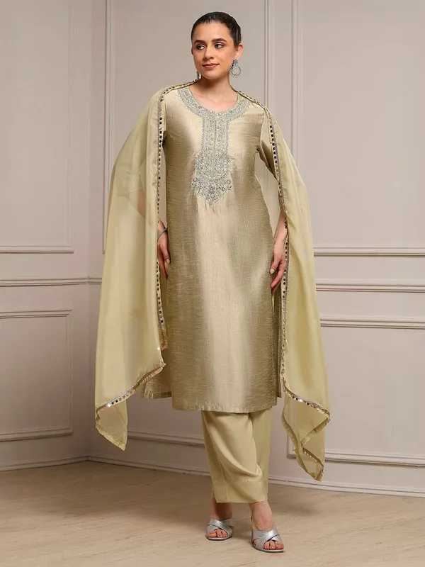 Beige silk kurti set for festive celebration