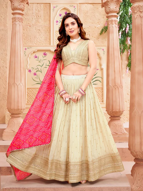 Beige silk lehenga choli with contrast dupatta