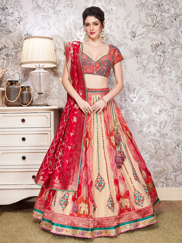 Beige silk lehenga choli with dupatta