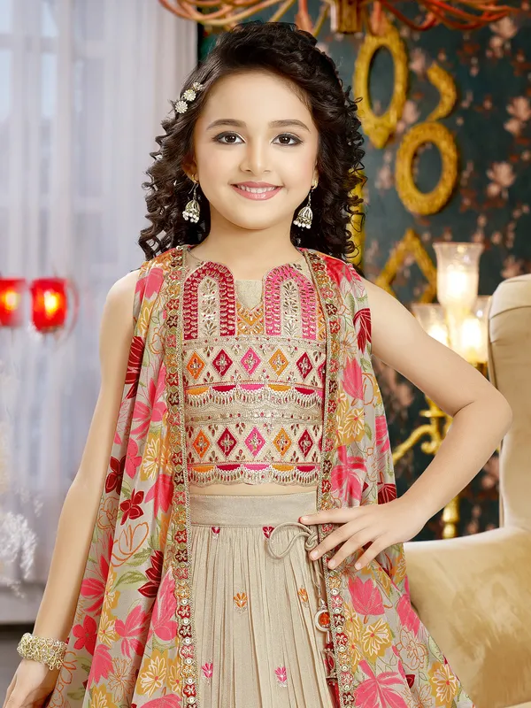 Beige silk lehenga choli with shrug