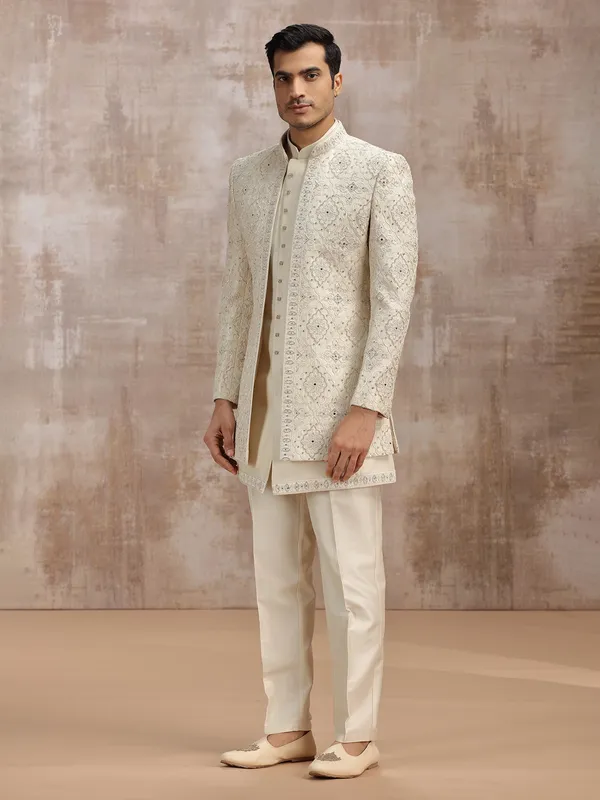 Beige silk men indowestern set set with thread work