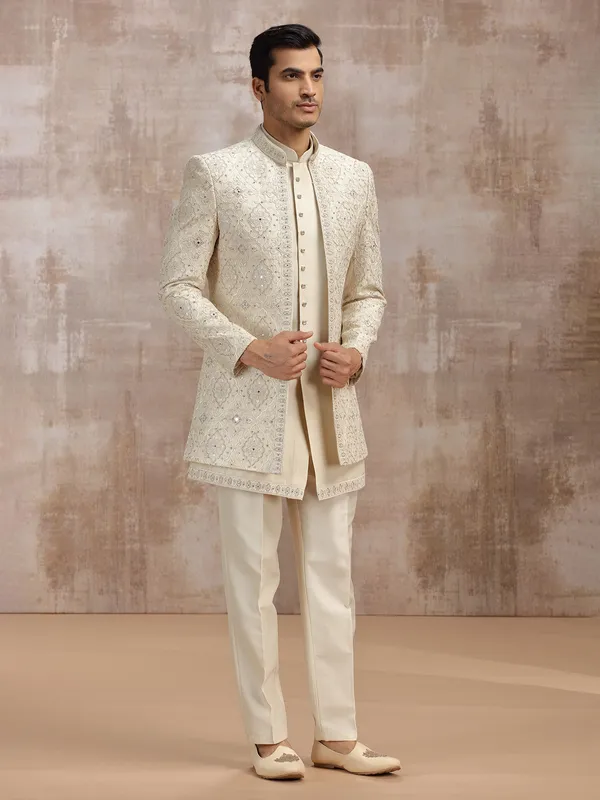 Beige silk men indowestern set set with thread work