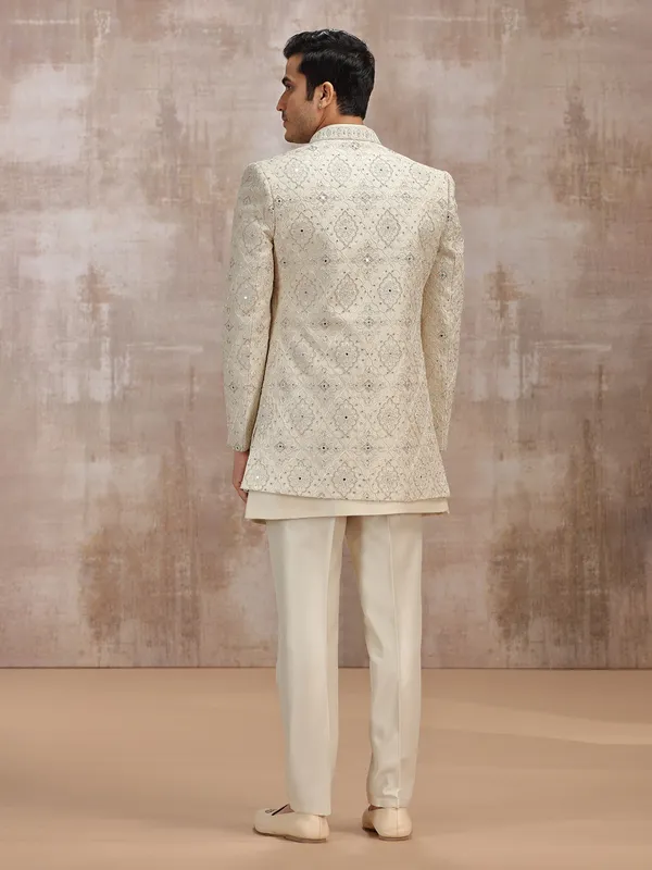 Beige silk men indowestern set set with thread work