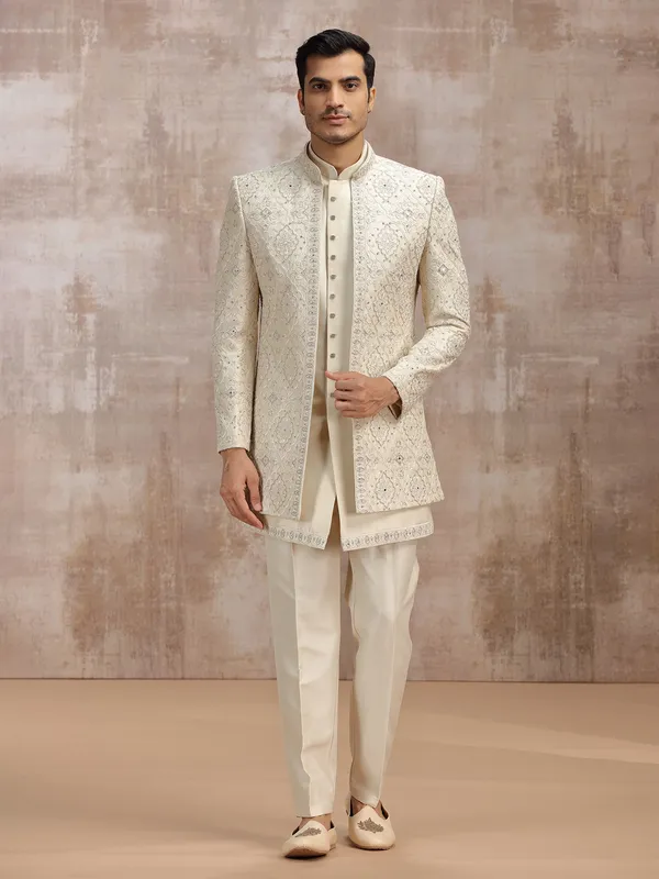 Beige silk men indowestern set set with thread work
