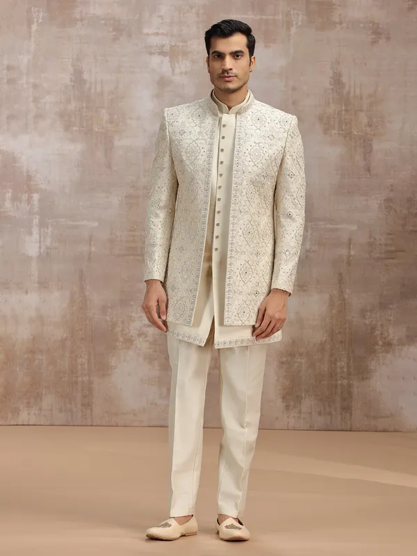 Beige silk men indowestern set set with thread work