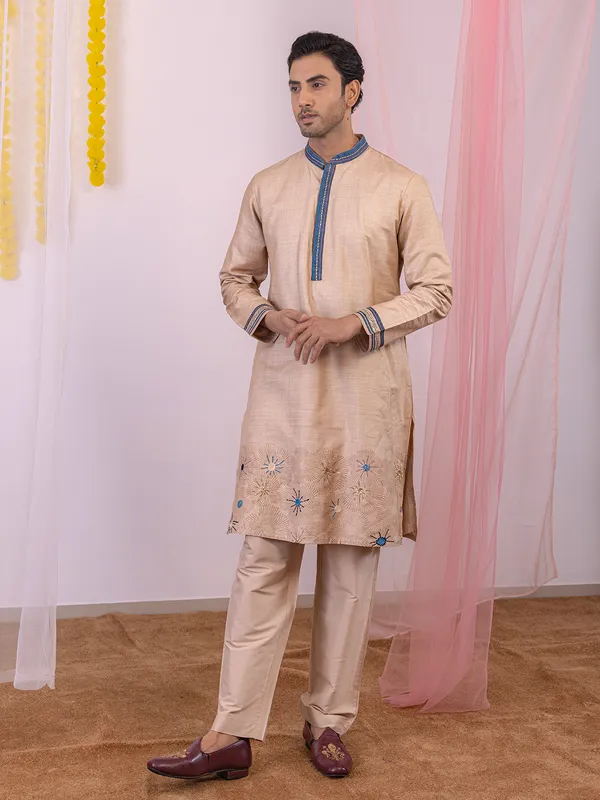 Beige silk men waistcoat set with print