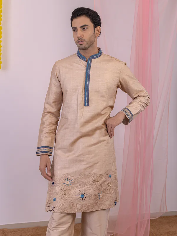 Beige silk men waistcoat set with print