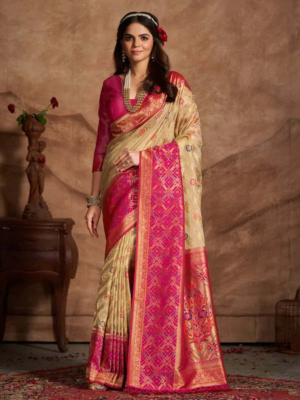 Beige silk minakari saree