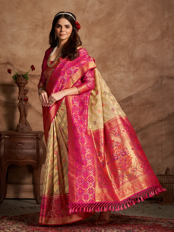 Beige silk minakari saree