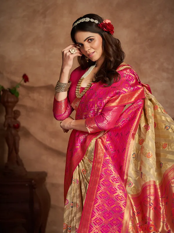 Beige silk minakari saree