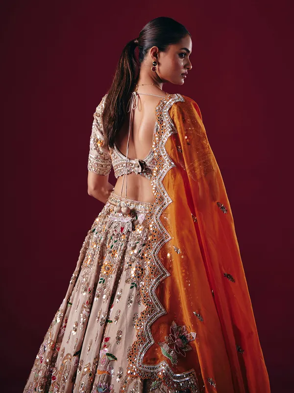 Beige silk mirror and diamond lehenga choli