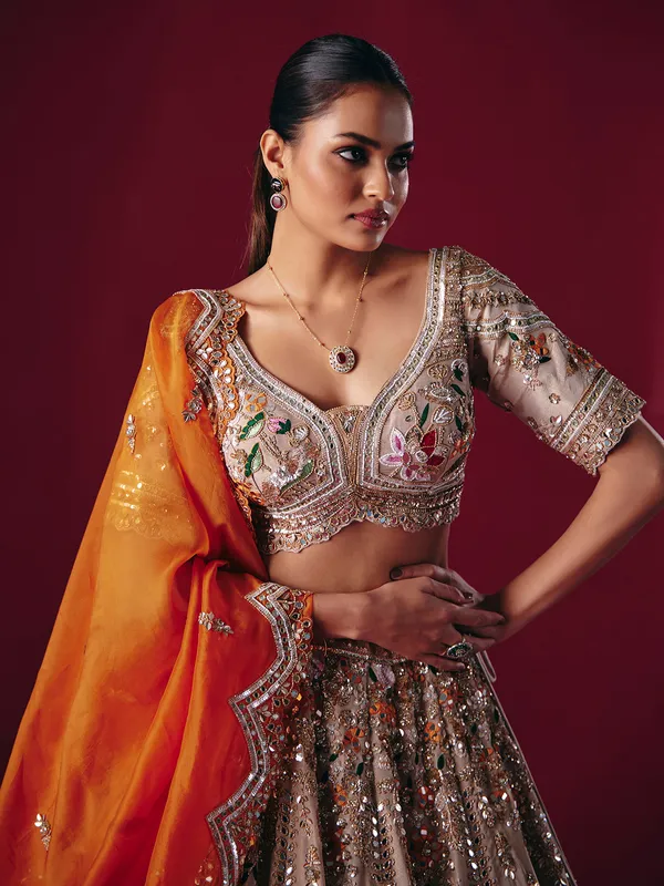 Beige silk mirror and diamond lehenga choli