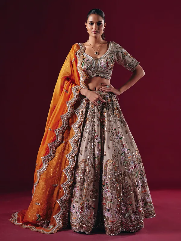 Beige silk mirror and diamond lehenga choli