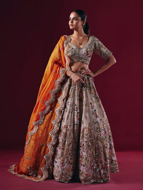 Beige silk mirror and diamond lehenga choli