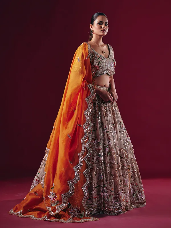Beige silk mirror and diamond lehenga choli