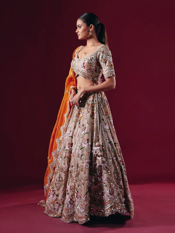 Beige silk mirror and diamond lehenga choli