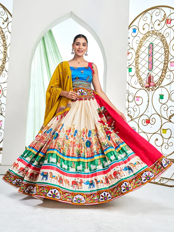 Beige silk navratri lehenga choli with print