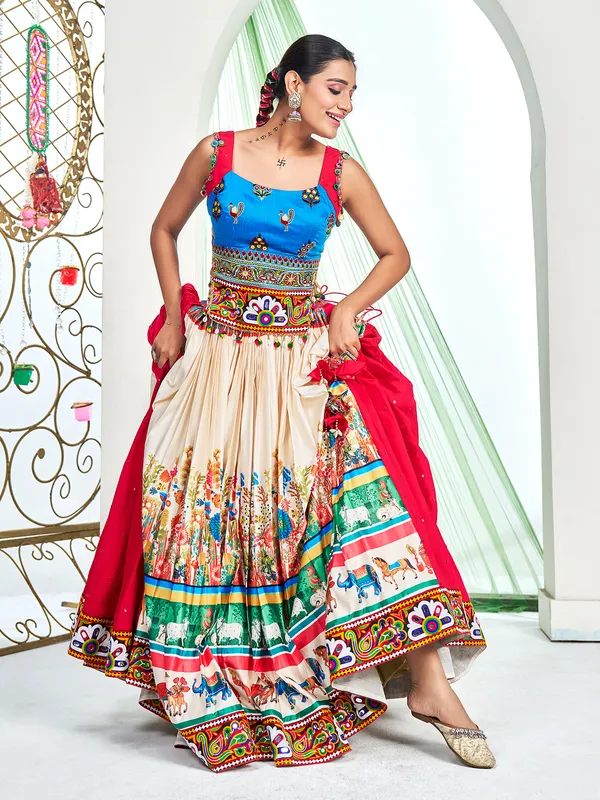 Beige silk navratri lehenga choli with print