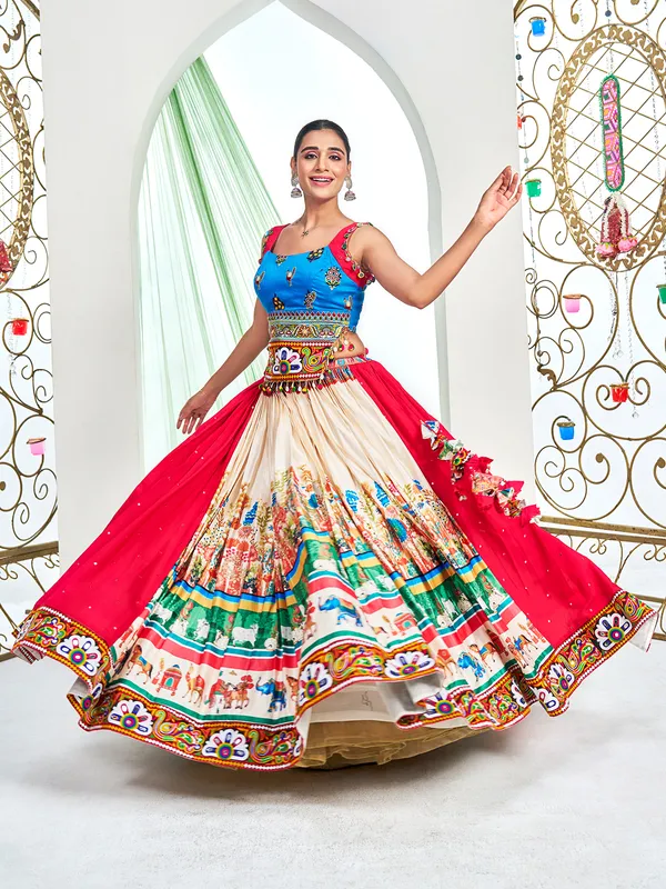 Beige silk navratri lehenga choli with print